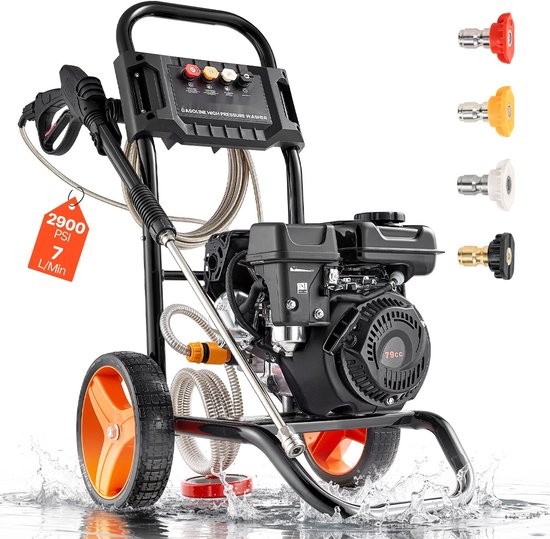 Benzine Hogedrukreiniger - Met Terrasreiniger - 200 bar - Aluminium Pomp - Spuitlans - 4 Sproeiers van Merkloos	