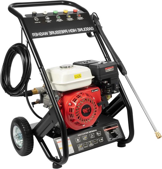 Benzine Hogedrukreiniger - Reinigingsmachine Krachtig - Terrassen Reinigen - Zelfaanzuigend 7 pk - 190 Bar - Zwart Rood