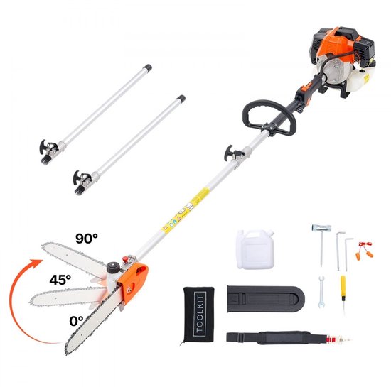 Benzine stokzaag (kettingzaag op steel) - Telescopische hoogsnoeier - Motor 43 cc 2-takt - Uitschuifbaar 2,16–3,66 m - Draaibare kop - Zaagblad 25,4 cm - Tank 850 ml van Todeco