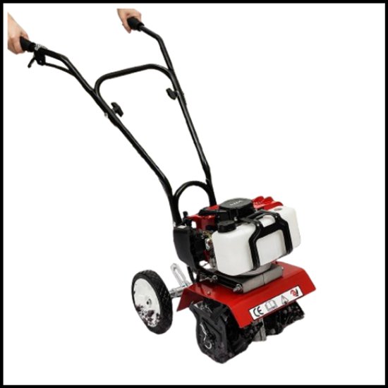 Benzine tuinfrees 52CC 1700W – gas aangedreven cultivator – rototiller voor bodemlosmaking – 4 roestvrijstalen messen – draagbaar en krachtig – zwart/rood – multifunctioneel tuinwerktuig van Merkloos	