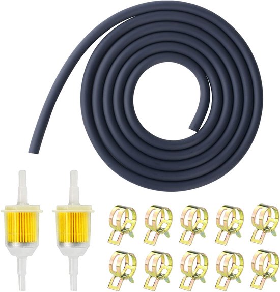 Benzineslangkit - 2 meter Ø 5 mm brandstofleiding - 2 stuks benzinefilters 5 mm/8 mm - 10 stuks slangklemmen voor auto - motorfiets - scooter - grasmaaier