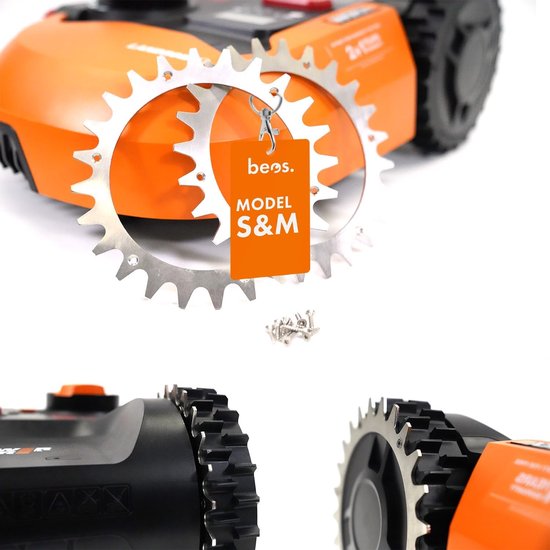 BEOS® 2 x premium roestvrij stalen spikes voor Worx Landroid S&M + 12 x roestvrijstalen schroeven - tractieverbetering voor robotmaaier - grasmaaier robot wielmaat 205 mm van BEOS