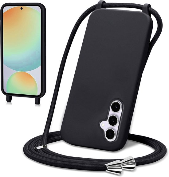 Beschermhoesje met koord voor Samsung Galaxy S25 - siliconen hoes - schokbestendig - zacht - TPU - om om te hangen - verstelbaar - halsband - zwart - smartphone accessoire van Merkloos	