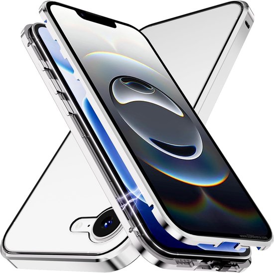 Beschermhoesje voor iPhone 16e - 360 graden bescherming - magnetische adsorptie - gehard glas voor en achter - metalen frame - zilverkleurig van Merkloos	