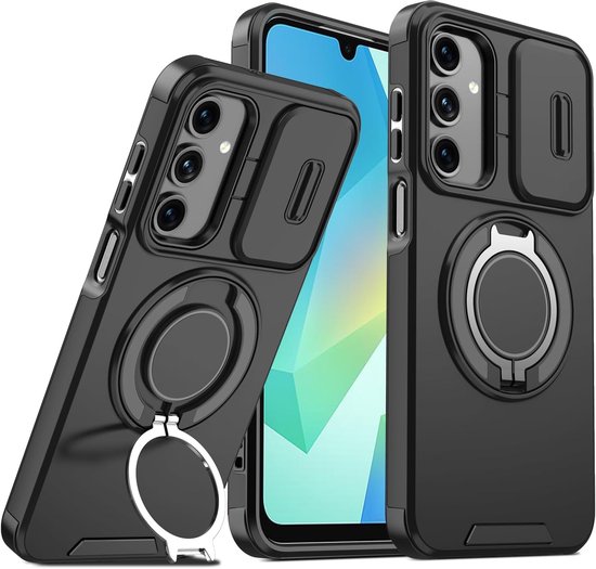 Beschermhoesje voor Samsung Galaxy A56 - schuifhoes voor de camera - ringstandaard - compatibel met magnetische autohouders - zwart van Merkloos	