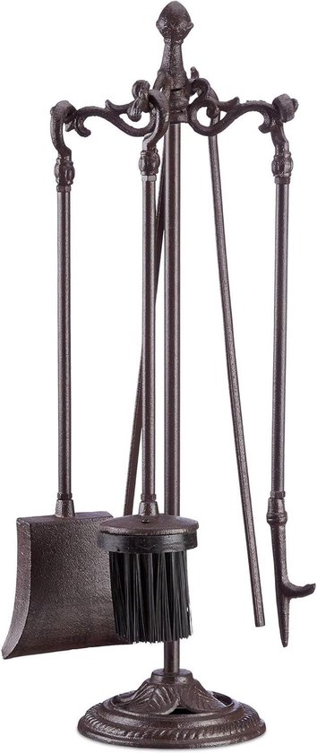 Bezem 5-delig haardset pook schep tang HBD 51 x 18 x 18 cm haarstel openhaardset met standaard bruin van HBD
