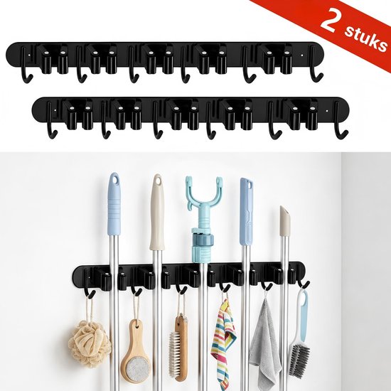 Bezem en gereedschapshouder 2 stuks geschikt voor keuken, schuur en garage – Wandmontage van RVS met 5 houders en 6 haken, 60 cm – Stevig ophangsysteem voor bezems en tuingereedschap – Mat zwart