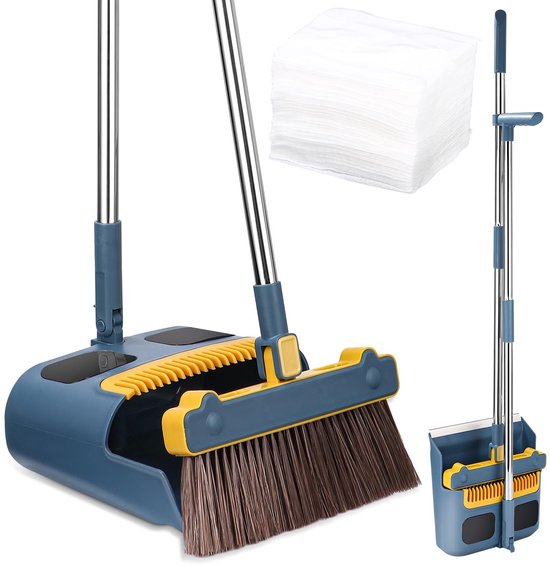 Bezem en stoffer en blik set met lange steel, 180 graden draaibare veger en stoffer en blik combo, bezem en stoffer en blik set bevat 30 stuks elektrostatisch stofpapier voor thuis, kantoor, keuken van VAIIGO
