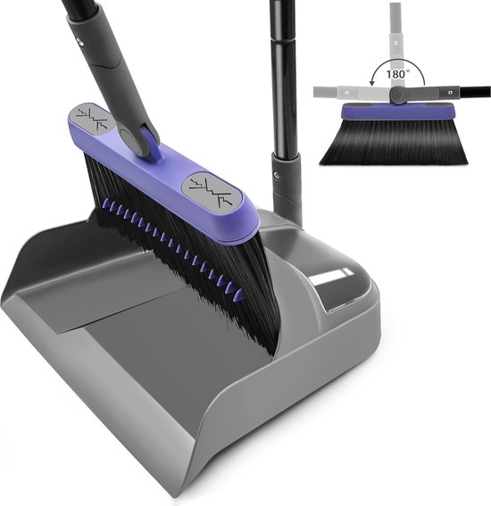 Bezem- en stofferset, 138 cm lange steel stoffer 180 graden roterende borstel binnen buiten keuken lobby slaapzaal klaslokaal (grijs paars) van MR.SIGA