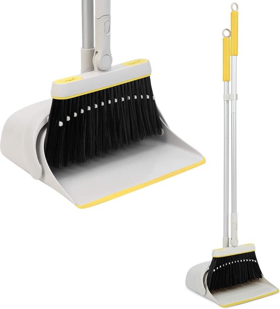 Bezem en stofferset met uitschuifbare lange steel - reinigingscombo voor thuis - geel en grijs van Cenocco