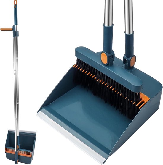 Bezem en Stofpan Set - Blauw - Lange Steel - Voor Comfortabel Vegen zonder Rugpijn - Voor Binnenhuis en Tuin