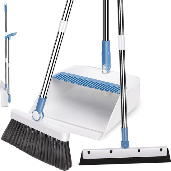 Bezem en veegschep, 100 cm, rechtop bezem en schep, combo met vloerschraper voor hoofdkeuken, kantoor, slaapkamer, woonkamer (blauw + wit) van Yocada