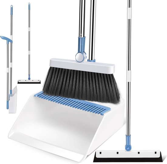 Bezem- en veegschep, 180 graden draaibaar, veegset met lange steel, bezem en schep met kamtanden, veegmachine met veegschep voor thuis, kantoor, lobby-1 vloerschraper van Merkloos	