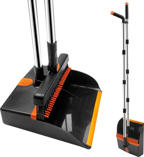 bezem en veegschep, inklapbare schop met lange steel, veegbezem met verstelbare bezemkop, rechtop staande veegplaat met kamtanden, veegset voor keuken, kantoor, huis van Merkloos	
