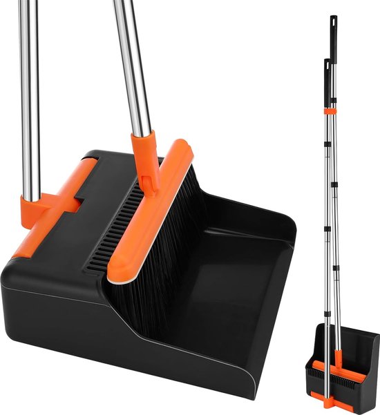 Bezem- en veegschep, rechtopstaande veegschep set met lange handgreep, 180 graden draaibare veegbezem en schep set voor huishoudelijke reiniging van MR.SIGA