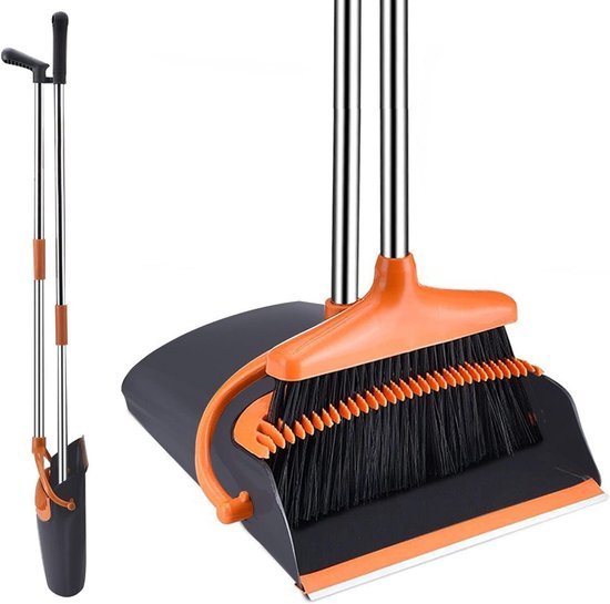 Bezem en veegschep set met lange handgreep uittrekbare steel rechtopstaande veegschep voor binnen en buiten garage keuken kantoor van Merkloos	