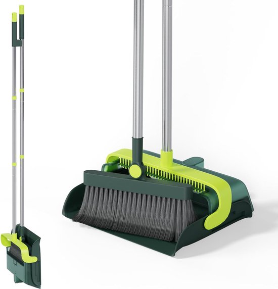 Bezem- en veegschep, veegschep met lange steel, rechtop veegmachine en veegschep, combo voor thuis, keuken, huisreiniging, groen van TreeLen