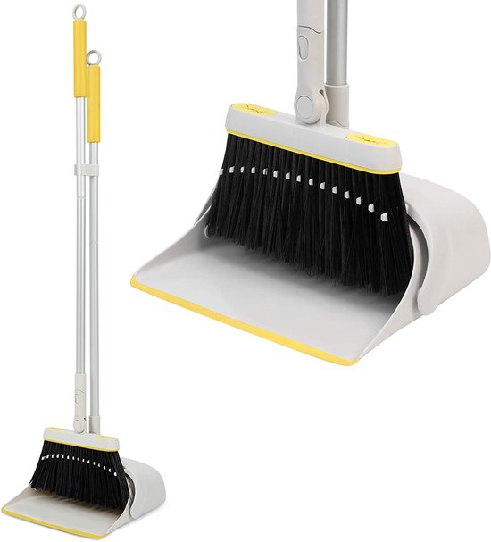 Bezem en veegschepset met uittrekbare lange handgreep, rechten en lichte schoonmaakcombinatie voor de kantoorlobby in de kamer, geel en grijs van OxGord