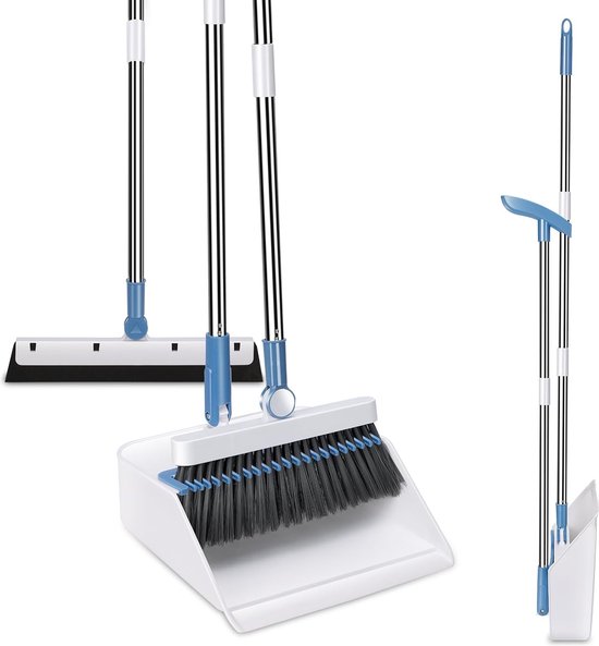 Bezem met steel, 3 in 1 staande bezem en stofferset met vloerschraper, multifunctionele veegset met lange steel voor thuis, kantoor, lobbyvegen (blauw + wit) van Finew
