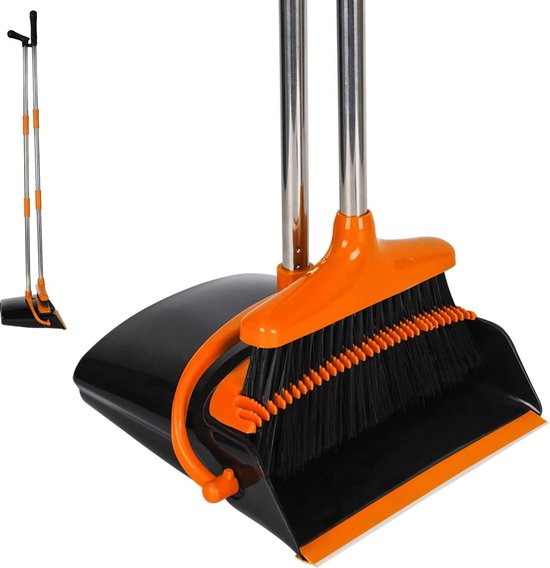 Bezem met veegschep lange steel - rechtop veegset voor keuken thuis kantoor vloerreiniging zwart-oranje van FOXERFIY