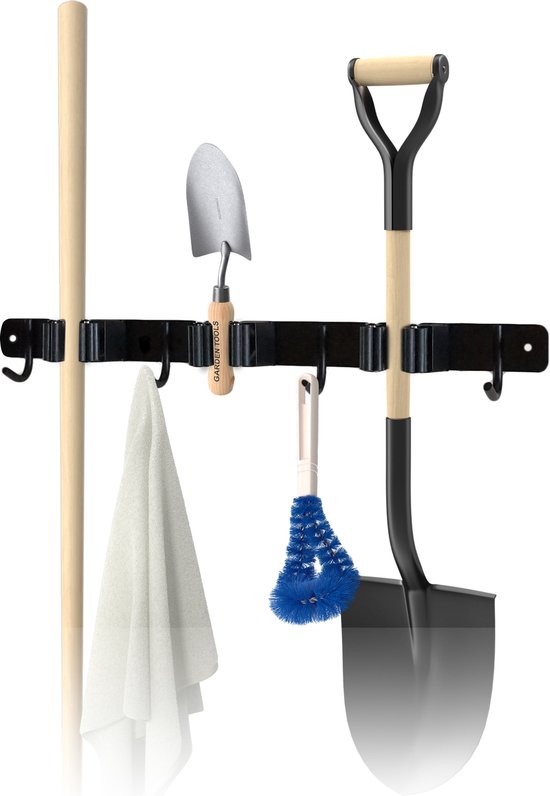 Bezem ophangsysteem – Bezemhouder – Tuingereedschap – RVS – 3 houders – 4 haken - BAULK® van BAULK®
