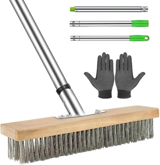 Bezem Stalen bezem voor de tuin - 30 cm draad bezem met telescoopgreep - onkruid mos verwijderen buitenborstel - terras - hardnekkige vlekken van UNI-STORES