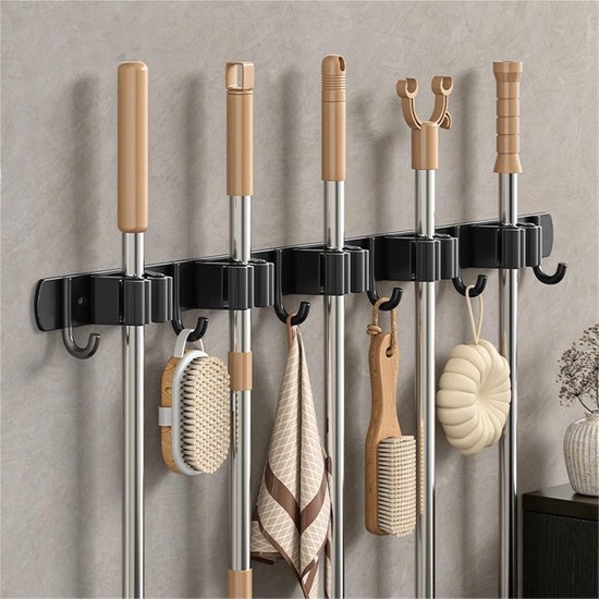 Bezemhouder 2 Stuks – Wandgemonteerde Gereedschapshouder 60 cm – Matzwart Bezem- en Dweilhouder met 5 Houders & 6 Haken – Ophangsysteem voor Tuin - Keuken - en Schoonmaakgereedschap – Voor Garage, Schuur en Keuken - Geen boren nodig