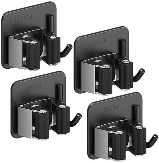 Bezemhouder - 4 Stuks - Mop Houder - Opbergsysteem - RVS - Ophanghaken - Zonder Boren - Zelfklevend - Gereedschapshouder - Wandmontage - Badkamer Accessoires - Geschikt voor Bezems, Tuingereedschap etc. - 8.5*6.5*4CM - Zwart van Merkloos	