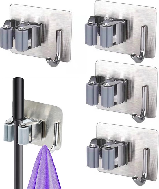 Bezemhouder - 4 stuks - Zelfklevend - RVS - Bezem Ophangsysteem - Op Muren - voor keuken, tuin, badkamer, garage, balkon, kantoor, grijs - Ophangsysteem Tuingereedschap - Bezem houder - Hanger van Home&Co.