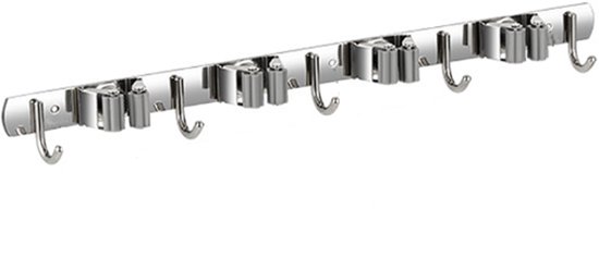 Bezemhouder - Bezem Ophangsysteem - 5 Haken 4 Klemmen - Tuingereedschap Ophangsysteem - Gereedschapshouder - 49 CM - RVS - Zilver - Zelfklevend of boren - Opbergrekken voor huis, keuken, garage, tuin, wasruimte en badkamer van Merkloos	
