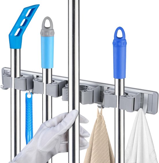 Bezemhouder - Bezem Ophangsysteem - 5 Haken 4 Klemmen - Tuingereedschap Ophangsysteem - Gereedschapshouder - 50 CM - Aluminium - Grijs - Zelfklevend - Voor handgrepen met een diameter van 1,5-2,5 cm van Merkloos	