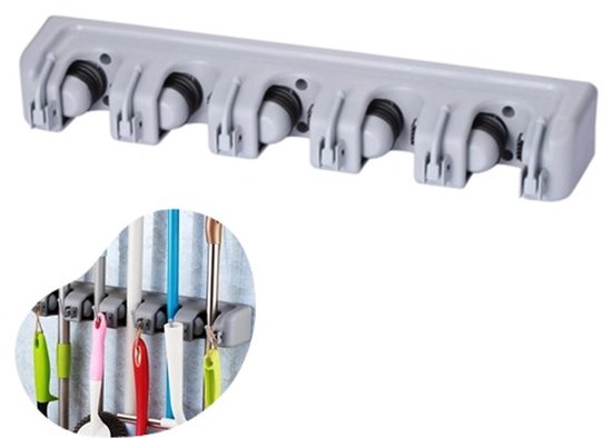 Bezemhouder - Bezem Ophangsysteem - 6 Haken 5 Klemmen - Bezem Ophangsysteem Tuingereedschap - grijs - PP-materiaal - Zeer stevig ophangsysteem bezem en tuingereedschap - Wandhouder - Gereedschapshouder van Merkloos	