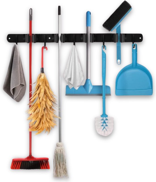 Bezemhouder - Bezem Ophangsysteem Tuingereedschap - Gereedschapshouder - Zelfklevend - 3M Tape - 5 Houders 6 Haken - RVS Zwart van Tectake