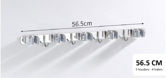 Bezemhouder grijs - bezem ophangsysteem zelfklevend - 5 houders 4 haken 56.5CM