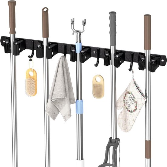 Bezemhouder met 4 haken - Zonder boren - Zelfklevend - Organizer voor diverse ruimtes van Merkloos	