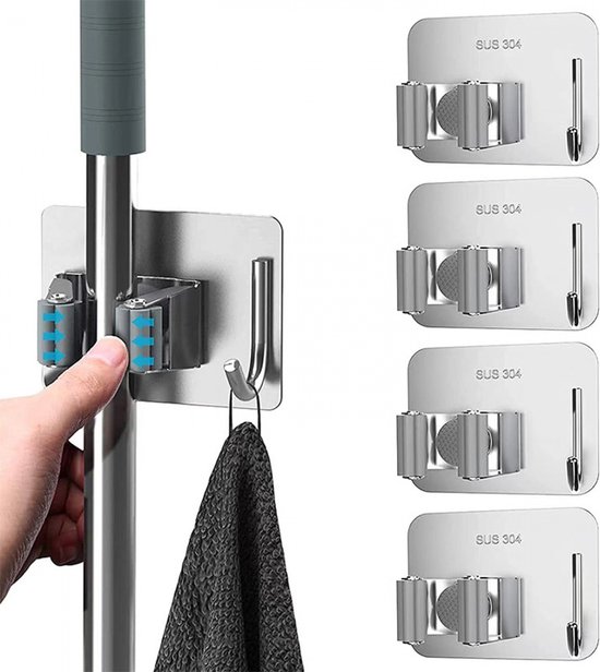 Bezemhouder - Ophangsysteem bezem - 4 stuks - Gereedschapshouder - 4 Houders 4 Haken - Bezem ophangsysteem - Hanger Achter de Deuren - Op Muren - Zelfklevend Tape - voor keuken, tuin, badkamer, garage, balkon, kantoor, grijs van Hinata's Market