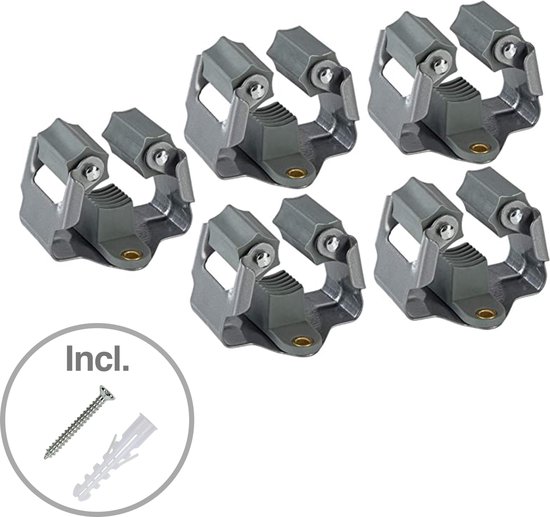 Bezemhouder - Set van 5 - RVS Gereedschapshouder - Buiten Tuingereedschap / Schroevendraaier Ophangsysteem - Steelhouder - Mophouder - Wandhaak - Stelen Ophanghaak - Broom Holder - Grijs van Puravit