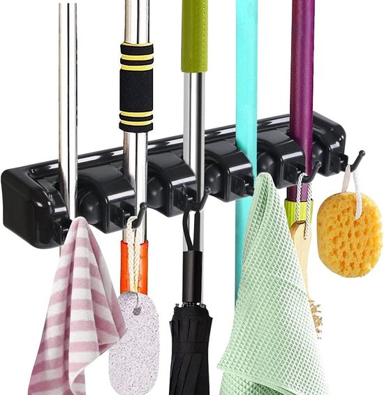 Bezemhouder Wand / Bezemhouder - Gereedschap houder - Bezem ophangsysteem Multi Wand Houder - Hanging system garden tools - 6 Slots and 5 Hooks van EasyBD.