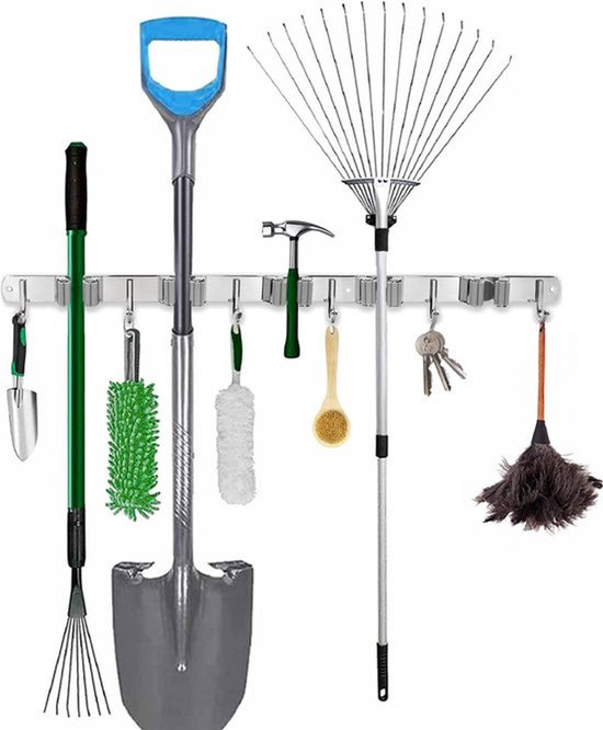 Bezemhouder Wand – Ophangsysteem voor Tuingereedschap – Wandrek met 5 Klemmen en 6 Haken