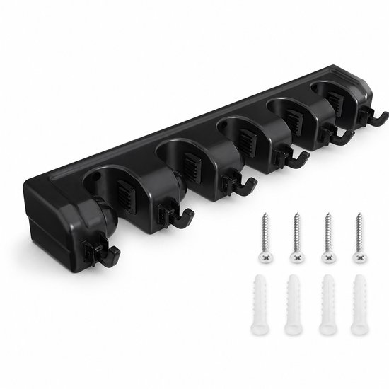 Bezemhouder Wand - Schoonmaak Organizer met 5 Ophanggleuven - Dweilhouder en Gereedschapshouder voor Wandmontage - Ruimtebesparende Opbergoplossing voor Bezem, Mop, Tuingereedschap en Huishouden - Zwart