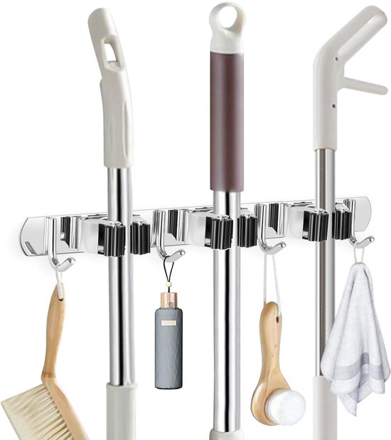 Bezemhouder Wandmontage RVS - Zelfklevende Zware Haken Set (3 Racks + 4 Haken) - Opbergoplossing voor Gereedschap, Schoonmaakspullen en Bezems - 39cm van Merkloos	