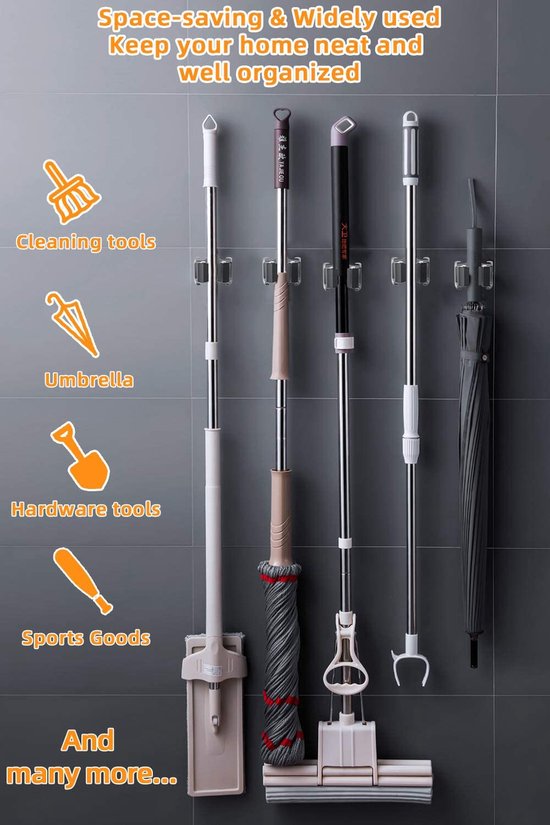 Bezemmop houder, muurbezem bezemhouder 5 stuks, muurbezem bezem, verstelbare mophouder, bezemhouder muurbeugel, mop en bezemhouder organizer ideaal voor mop bezem organisatie van ZFYQ