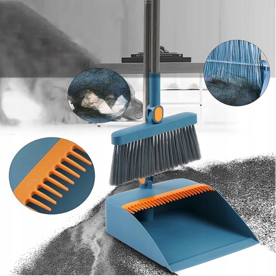 Bezemset - Opvouwbare bezem - Blauw - 180° draaibare connector - Verstelbare roestvrijstalen steel van Merkloos	
