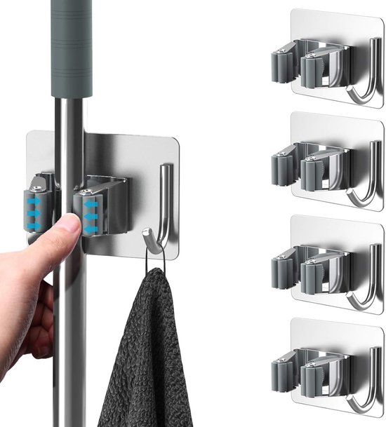 Bezemwandbeugel 4 stuks, zelfklevende haken voor het ophangen van niet-geperforeerde roestvrijstalen bezems, dweilhaken voor eetkamer, keuken, badkamer, garage (grijs) van Merkloos	
