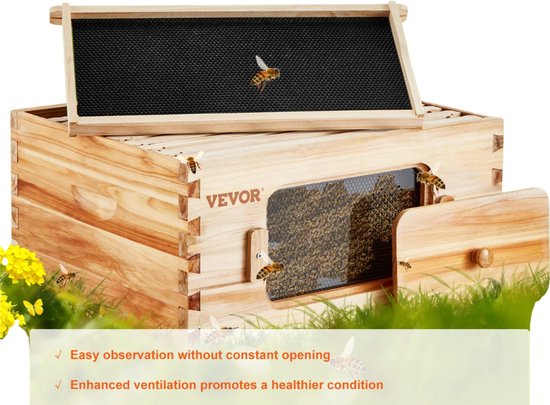 Bijenkorf Starter Kit van Natuurlijk Cederhout met 10 Frames en Transparant Acryl Observatievenster - Langstroth Bijenkast 41,4 x 50,3 x 24,5 cm - 100% Bijenwas Gecoat - Duurzame Imker Bijenkorf voor Optimale Honingproductie van Merkloos	