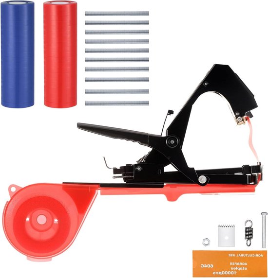 Bindmachine voor planten - licht bindapparaat voor planten binden - tuingereedschap met bindtang - plantentying machine - handband met 20 banden en 10.000 klemmen - rood van Merkloos	
