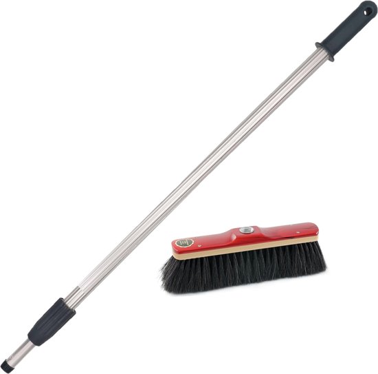 Binnen bezem rood gelakt met zwart paardenhaar inclusief aluminium telescoopsteel 200 cm - Zachte bezems van Sorbo