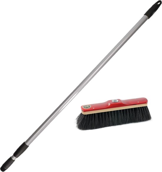 Binnen bezem rood gelakt met zwart paardenhaar inclusief metalen telescoopsteel grijs 130 cm - Zachte bezems van De Witte