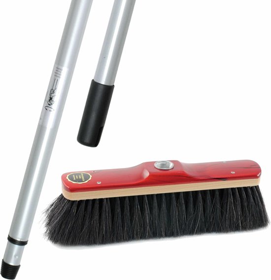 Binnen bezem rood gelakt met zwart paardenhaar inclusief metalen telescoopsteel zilver 200 cm - Zachte bezems van Sorbo