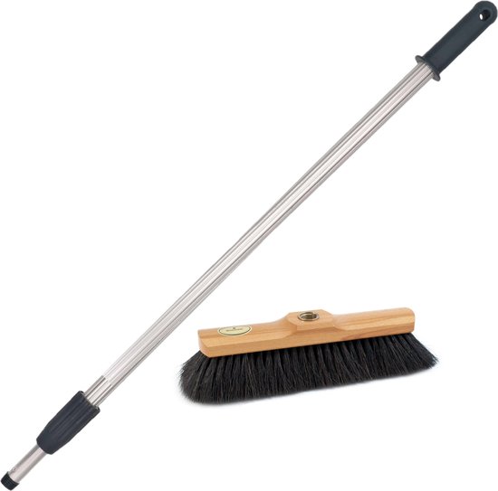 Binnen bezem zwart paardenhaar inclusief aluminium telescoopsteel zilver 200 cm - Zachte bezems van Bellson